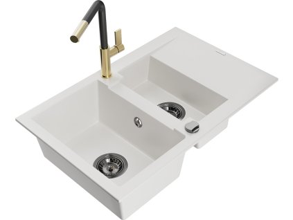 MEXEN/S - Gaspar granitový dřez 1.5 s odkapávačem včetně baterie Flora, bílá 6507-20-670401-57-B