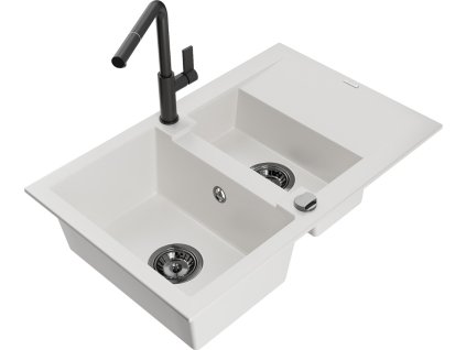 MEXEN/S - Gaspar granitový dřez 1.5 s odkapávačem včetně baterie Flora, bílá 6507-20-670401-70-B