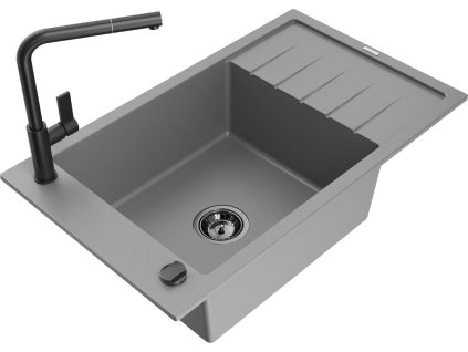 MEXEN/S - Elias granitový dřez 1 s odkapávačem včetně baterie Flora, šedá 6511-71-670401-70-B