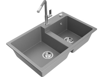 MEXEN/S - Tomas granitový dřez 2-bowl včetně baterie Flora, šedá 6516-71-670401-06