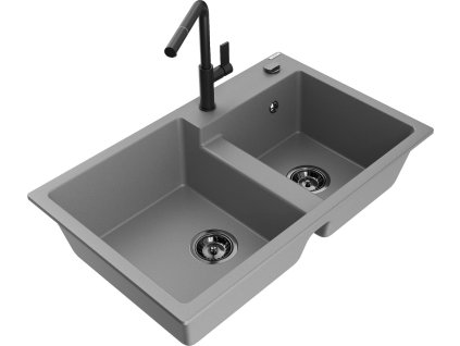 MEXEN/S - Tomas granitový dřez 2-bowl včetně baterie Flora, šedá 6516-71-670401-70-B