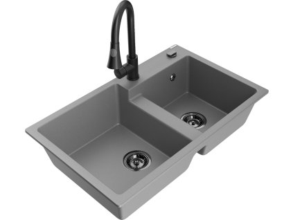 MEXEN/S - Tomas granitový dřez 2-bowl včetně baterie Elia, šedá 6516-71-670101-70-B