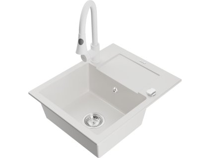 MEXEN/S - Enzo granitový dřez 1 s odkapávačem včetně baterie Elia, bílá 6506-20-670101-20