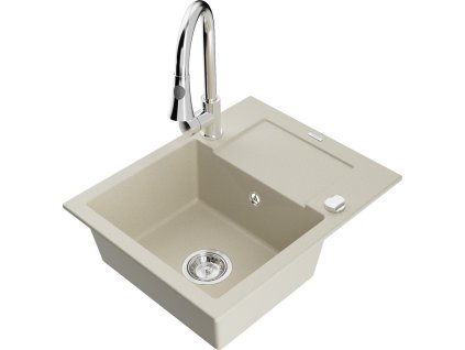 MEXEN/S - Enzo granitový dřez 1 s odkapávačem včetně baterie Elia, béžová 6506-69-670101-00