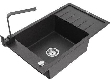 MEXEN/S - Elias granitový dřez 1-miska s odkapávačem včetně baterie Rita, černý kropenatý 6511-76-670300-70