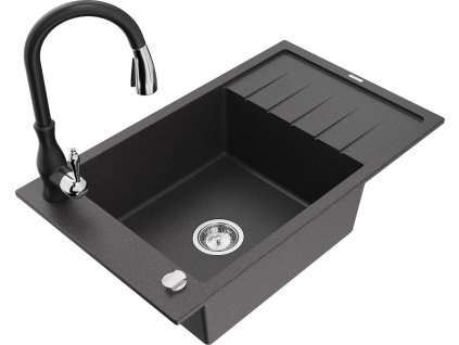 MEXEN/S - Elias Elias granitový dřez 1-miska s odkapávačem včetně baterie Savita, černá kropenatá 6511-76-672601-70