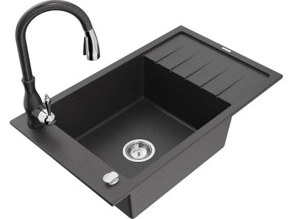 MEXEN/S - Elias Elias granitový dřez 1-miska s odkapávačem včetně baterie Savita, černá kropenatá 6511-76-672601-76