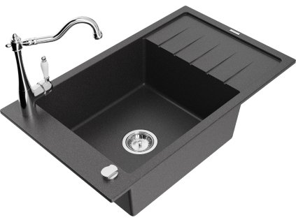 MEXEN/S - Elias granitový dřez 1-miska s odkapávačem včetně baterie Carla, černá kropenatá 6511-76-670700-00