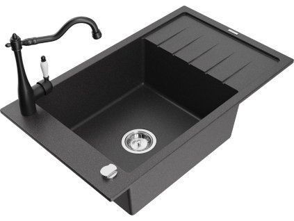 MEXEN/S - Elias granitový dřez 1-miska s odkapávačem včetně baterie Carla, černá kropenatá 6511-76-670700-70