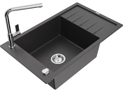 MEXEN/S - Elias granitový dřez 1 s odkapávačem včetně baterie Flora, černá kropenatá 6511-76-670401-00