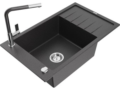 MEXEN/S - Elias granitový dřez 1 s odkapávačem včetně baterie Flora, černá kropenatá 6511-76-670401-08