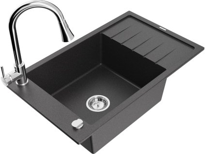 MEXEN/S - Elias granitový dřez 1 s odkapávačem včetně baterie Elia, černá kropenatá 6511-76-670101-00