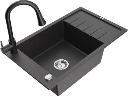 MEXEN/S - Elias granitový dřez 1 s odkapávačem včetně baterie Elia, černá kropenatá 6511-76-670101-70