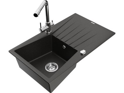 MEXEN/S - Cesar granitový dřez s odkapávačem včetně baterie Duero, černá/zlatá metalik 6514-75-671600-00