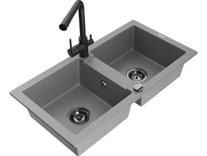 MEXEN/S - Mario granitový dřez 2-bowl včetně baterie Duero, šedá 6504-71-671600-70-B
