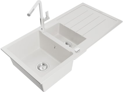 MEXEN/S - Andres granitový dřez s odkapávačem včetně baterie Flora, bílá 6515-20-670401-02