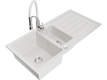 MEXEN/S - Andres granitový dřez s odkapávačem včetně baterie Aster, bílá 6515-20-73450-02