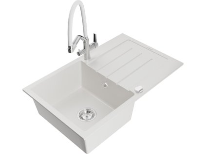 MEXEN/S - Bruno granitový dřez s odkapávačem včetně baterie Duo, bílá 6513-20-671701-02