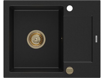 MEXEN/S - Enzo granitový dřez 1-miska s odkapávačem 576 x 465 mm, černý, zlatý sifon 6506571005-77-G