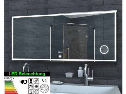 Zrkadlo s kozmetickým zrkadlom, hodinami a LED osvetlením, 1400x600x32 mm (bssLMC1460A)