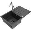 MEXEN/S - Bruno granitový dřez 1 s odkapávačem včetně baterie Flora, černá kropenatá 6513-76-670401-07-B