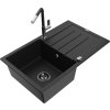 MEXEN/S - Bruno granitový dřez 1 s odkapávačem včetně baterie Flora, černá 6513-77-670401-07-B