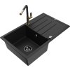 MEXEN/S - Bruno granitový dřez 1 s odkapávačem včetně baterie Flora, černá 6513-77-670401-57-B