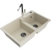 MEXEN/S - Tomas granitový dřez 2-bowl včetně baterie Flora, béžová 6516-69-670401-07-B