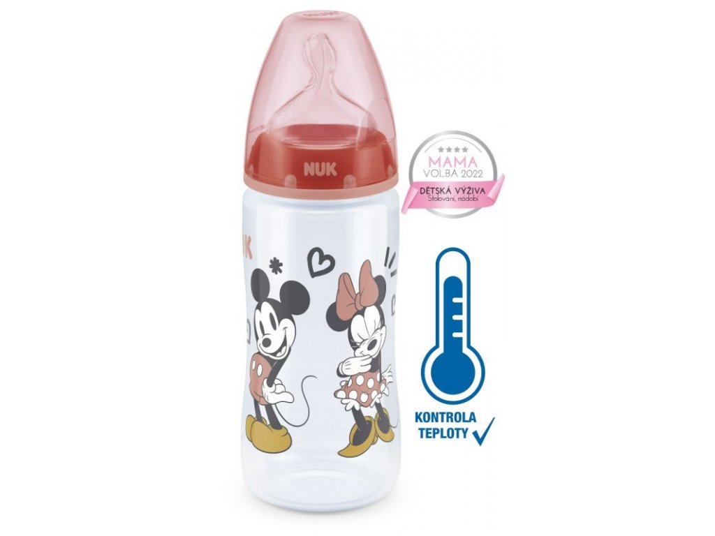 NUK FC+ lahev s kontrolou teploty Disney - Mickey 300 ml - červená