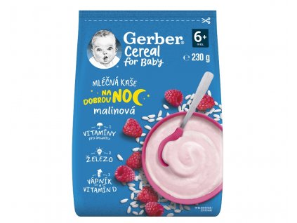 GERBER Cereal mléčná kaše malinová Dobrou noc 230 g