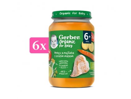 GERBER Organic dětský příkrm mrkev a rajčata s krůtím masem 6x190 g