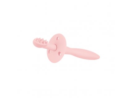 Canpol babies Silikonový zubní kartáček kousátko se štítkem růžový