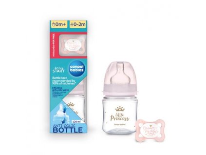 Canpol babies Lahev antikoliková se širokým hrdlem ROYAL BABY 120ml růžová + Dudlík 0 2m