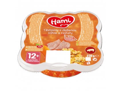 HAMI masozeleninový talířek Těstoviny s dušenou kýtou a rajčaty 230g