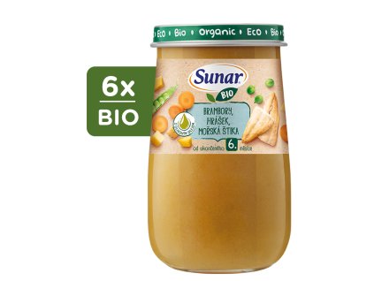 Sunar BIO příkrm Brambory, hrášek, mořská štika, olivový olej 6x190g
