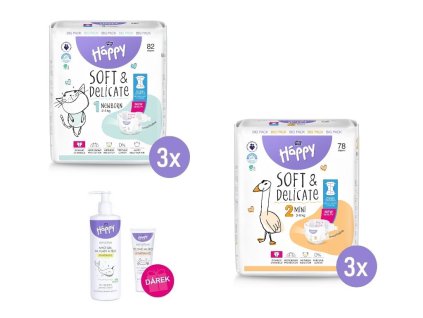 3x Bella Happy 1 NEWBORN Big Pack 2-5 kg, 82ks + 3x Bella Happy 2 MINI Big Pack 3-6kg, 78 ks + Kosmetika Bella Happy