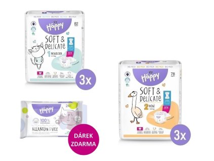 3x Bella Happy 1 NEWBORN Big Pack 2-5 kg, 82ks + 3x Bella Happy 2 MINI Big Pack 3-6kg, 78 ks + Bella Happy Vlhčené ubrousky 24ks