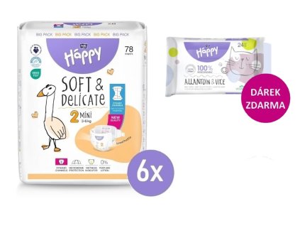 6x Bella Happy 2 MINI Big Pack 3-6kg, 78 ks + Bella Happy Vlhčené ubrousky 24ks