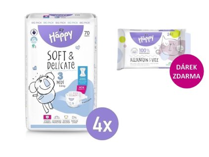 4x Bella Happy 3 MIDI Big Pack 5-9kg, 70ks + Bella Happy Vlhčené ubrousky 24ks