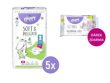 5x Bella Happy 4 MAXI Big Pack 8-14kg, 62ks + Bella Happy Vlhčené ubrousky 24ks
