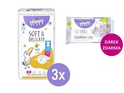 3x Bella Happy 4+ MAXI PLUS Big Pack 9-15kg, 56ks + Bella Happy Vlhčené ubrousky 24ks