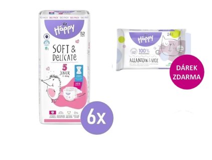 6x Bella Happy 5 JUNIOR Big Pack 11-18kg, 52ks + Bella Happy Vlhčené ubrousky 24ks