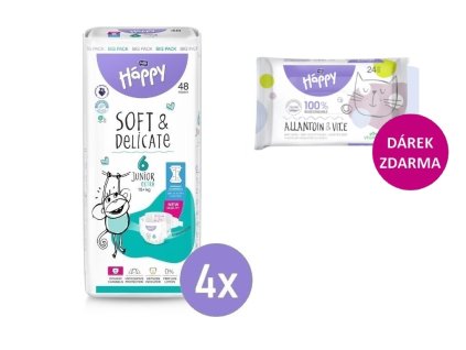 4x Bella Happy 6 JUNIOR EXTRA Big Pack 15+kg, 48ks + Bella Happy Vlhčené ubrousky 24ks