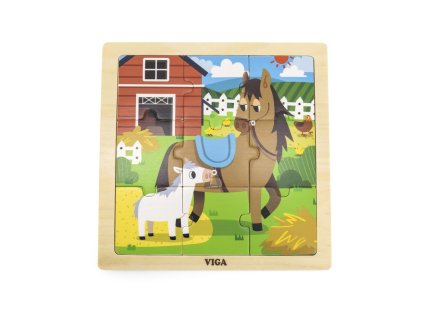 Viga Dřevěné puzzle 9 dílků Koníci