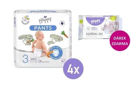 4x Bella Happy Pants 3 midi ( 6-11 kg ) 26 ks + Bella Happy Vlhčené ubrousky 24ks