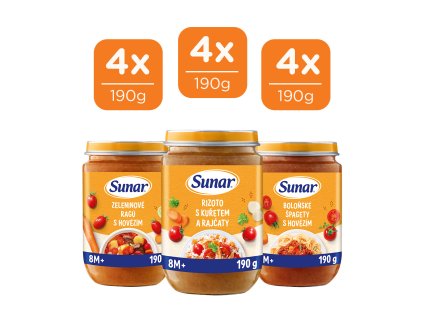 Sunar Příkrm masozeleninový mix příchutí 8m+, 12x190g