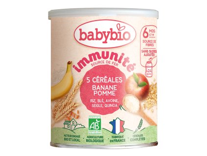 BABYBIO nemléčná 5zrnná obilná kaše immunité s banánem a jablkem 220g