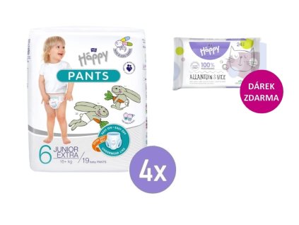 4x Bella Happy Pants 6 Junior Extra (16+ kg) 19ks + Bella Happy Vlhčené ubrousky 24ks