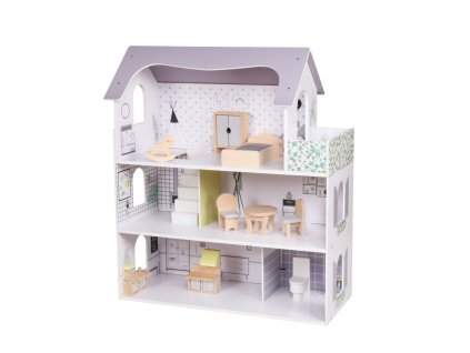 Baby Mix Dřevěný Montessori domeček pro panenky s nábytkem Rose