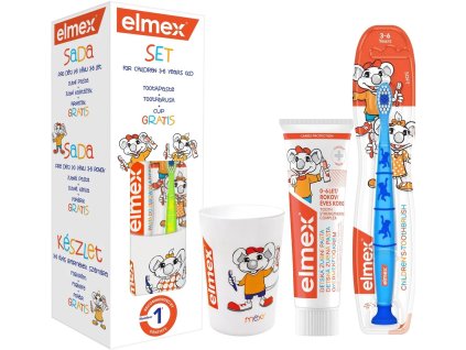 Elmex dětský set zubní pasta, zubní kartáček a kelímek 2 6 let modrý